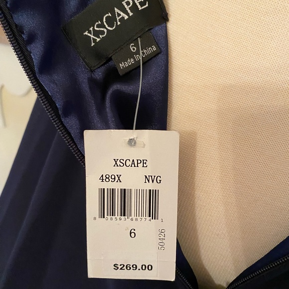 XSCAPE Gold and Navy Blue Party Dress with Beaded Accents - Picture 8 of 9